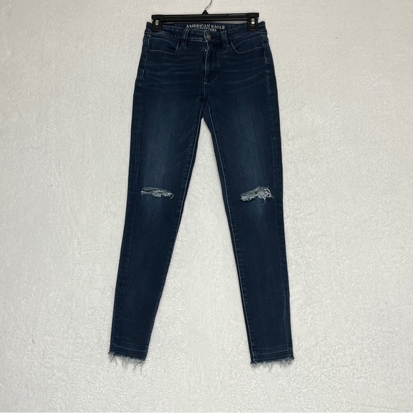 American Eagle Hi-Rise Jegging Super Stretch X 4 Distressed Dark Wash Size 2 - Picture 1 of 14